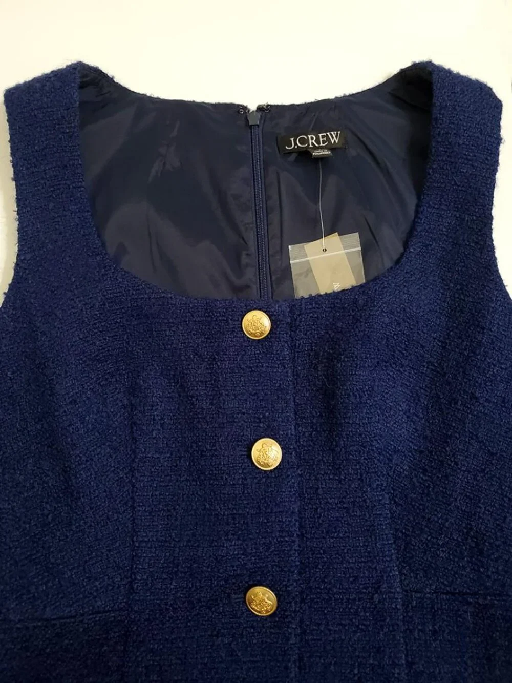 J. Crew Sophia Sleeveless Tweed Midi Dress Size 6 Navy Gold Button Office Pocket